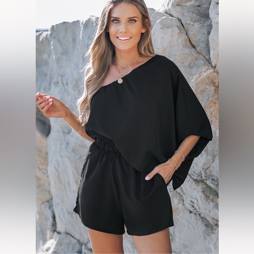 Asymmetrical Black Off-Shoulder Romper
